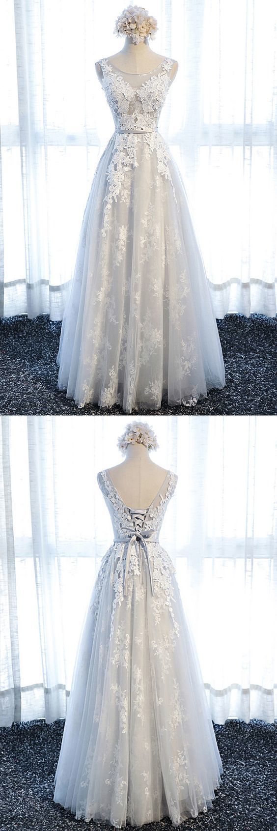 Gorgeous Long Lace A Line Prom Formal Dress Long Tulle Sleeveless   cg12284