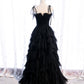 BLACK TULLE LONG PROM GOWN EVENING DRESS    cg12347