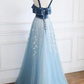 Blue Straps Beautiful Tulle And Velvet Long Party prom Dress, A-Line Blue Evening Dress   cg12375