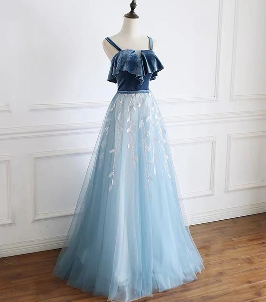 Blue Straps Beautiful Tulle And Velvet Long Party prom Dress, A-Line Blue Evening Dress   cg12375