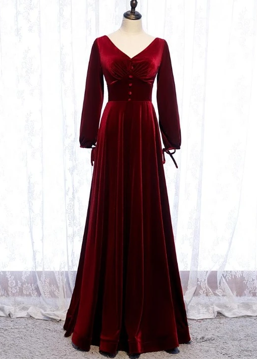Charming Dark Red Velvet Long Sleeves A-Line Party Dress Party prom Dress    cg12376
