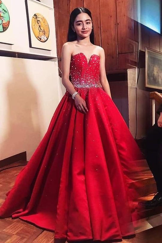 Red Satin Sleeveless Sweetheart Prom Dresses Ball Gowns with Beading   cg12401