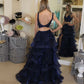 Sparkly Navy Two Pieces Evening Dresses Long Hi-Lo Tiered Tulle V-neck A-line Sequins Crystals Prom Party Dress   cg12449