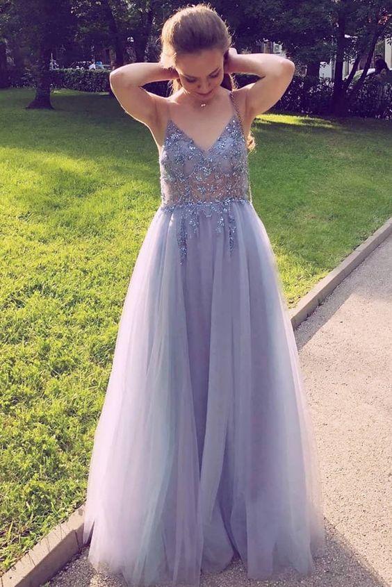 misty blue A-line tulle long formal dress prom dress   cg12470