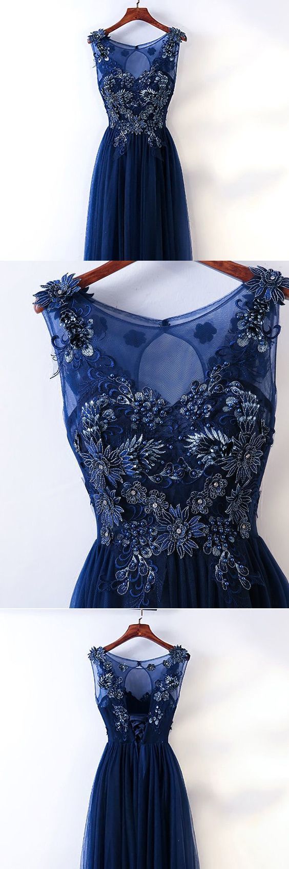 Long Navy Blue Tulle Prom Dress With Embroidery Sleeveless   cg12507