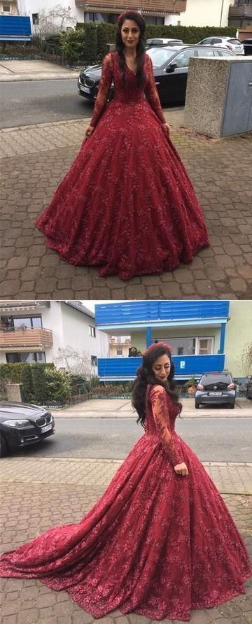 Long Sleeve Lace Burgundy Ball Gown Prom Dress, Formal Quinceanera Dress   cg12582