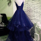 Charming Spaghetti Strps Navy Blue Prom Dress 2021, Tulle Layers Long Evening Gown   cg12587