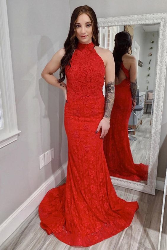 Red Lace Sheath Open Back Prom Dress, Mermaid Evening Dresses   cg12596