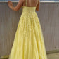 A Line V Neck Open Back Yellow Lace Long Prom Dress, Yellow Lace Formal Graduation Evening Dress   cg12600