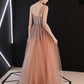 Sparkly Off Shoulder A-Line Sequins Peach Long Prom Dress, Tulle Evening Gown   cg12618