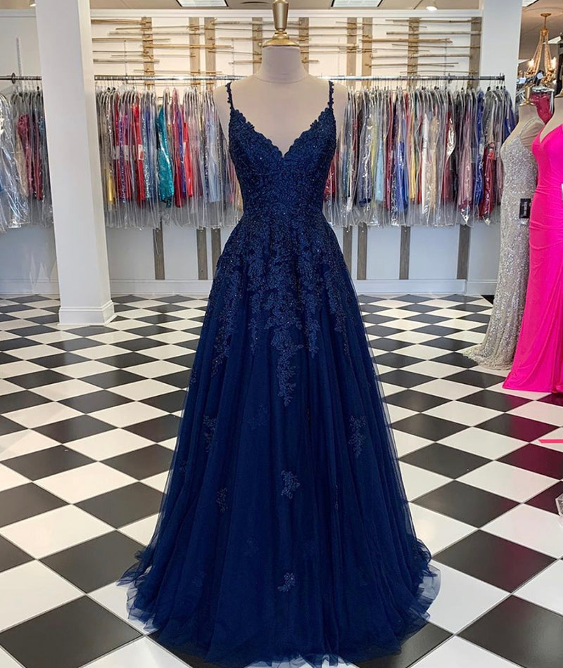 BLUE V NECK TULLE LACE LONG PROM DRESS EVENING DRESS   cg12619