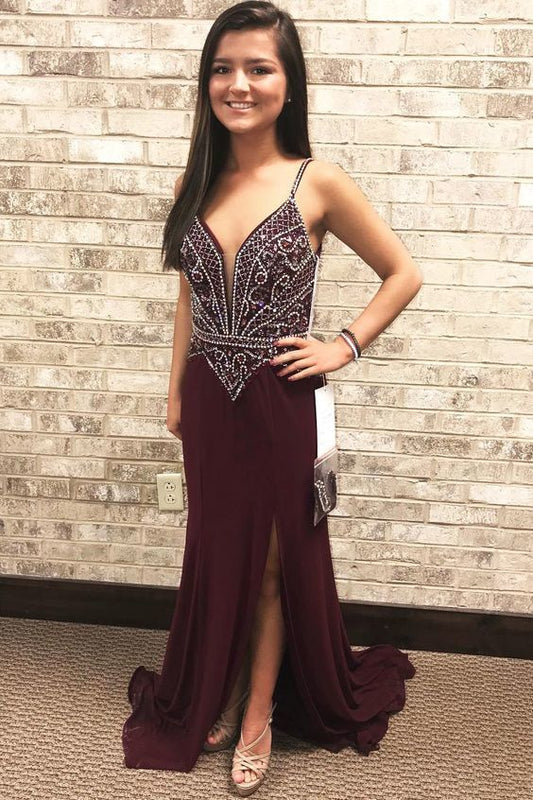 Charming V Neck Spaghetti Straps Prom Dress, Side Slit Long Beaded Evening Dress   cg12620