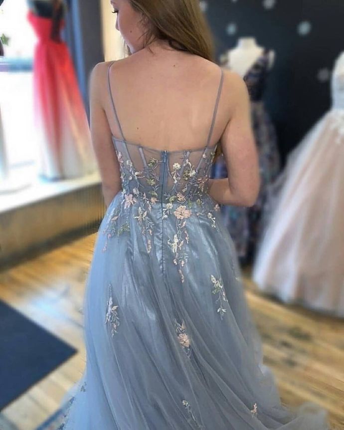 Newest Spaghetti Straps Appliques A-Line Prom Dresses, Evening Dress Prom Gowns   cg12634