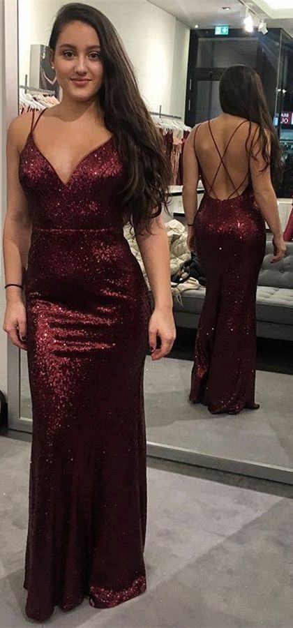 Mermaid Spaghetti Straps Long Burgundy Sequined Prom Dress   cg12682