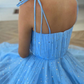 BLUE SWEETHEART TULLE TEA LENGTH PROM DRESS BLUE TULLE FORMAL DRESS    cg12696
