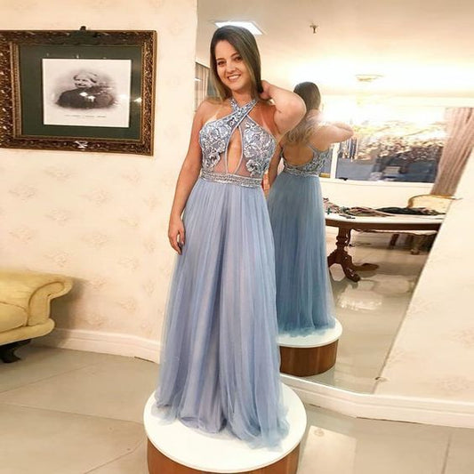 Halter Prom Dress For Girl A Line Formal Gown Long Beaded Bodice Open Back    cg12699