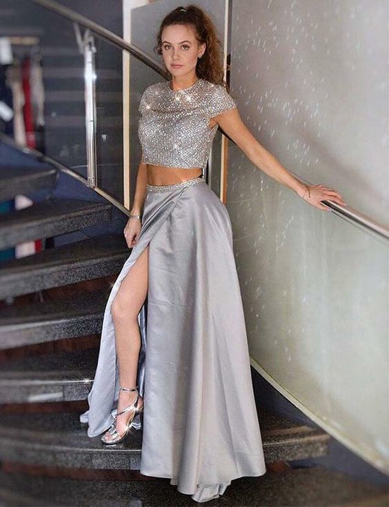Charming Two Piece Short Sleeves Long Grey Prom Dress with Split Beading   cg12753