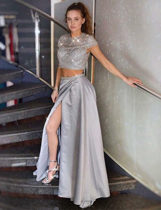 Charming Two Piece Short Sleeves Long Grey Prom Dress with Split Beading   cg12753