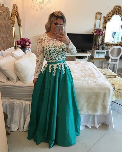 Satin A Line Long Sleeve Prom Dress,Evening Gown With Long Sleeve   cg12773