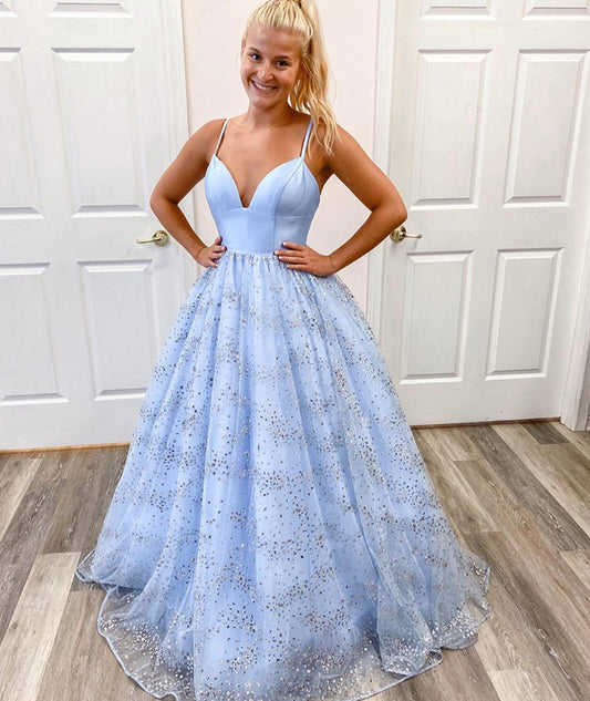 BLUE V NECK TULLE SEQUINS PROM DRESS EVENING DRESS   cg12780