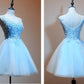 Light Blue Tulle Short Party Dress With Lace Applique, V-Neckline Homecoming Dress   cg12804