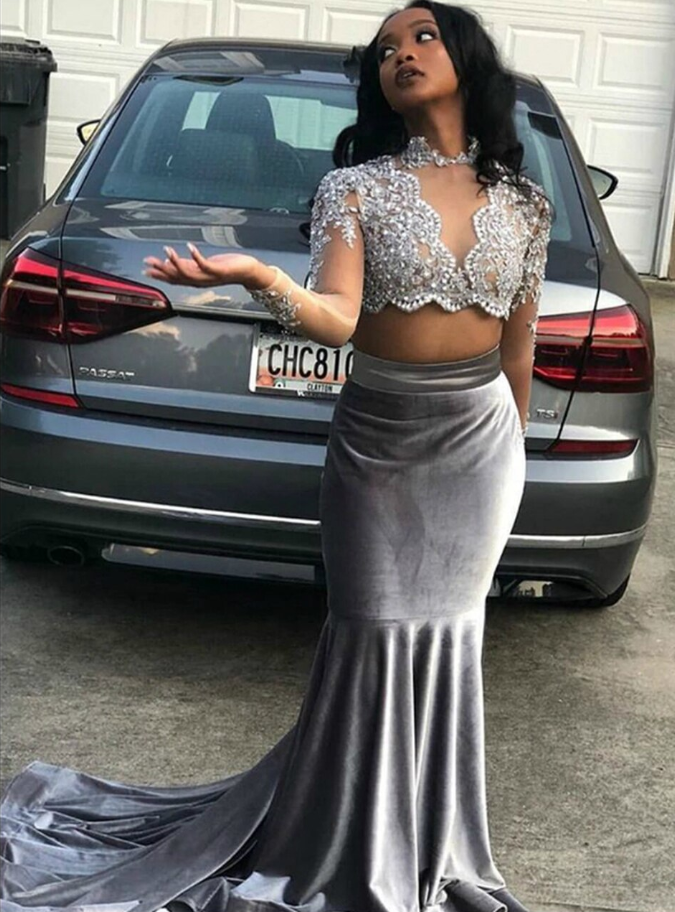 Silver Gray Mermaid Velvet Long Sleeve Two Piece Appliques Beading Prom Dress   cg12825