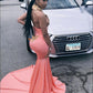 Pink Mermaid Halter Appliques Sleeveless Backless Prom Dress   cg12829