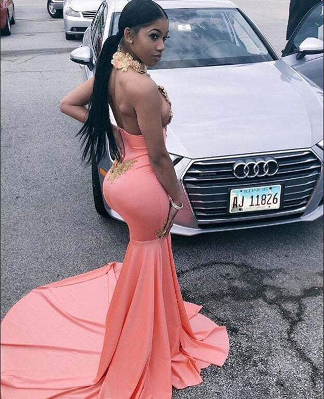 Pink Mermaid Halter Appliques Sleeveless Backless Prom Dress   cg12829