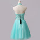 Cute Mint Halter Lace Flowers Homecoming Dresses   cg12833