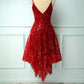 Burgundy v neck lace high low prom dress lace formal dress   cg12836