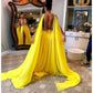 A-line yellow and white lace long prom dress    cg12846