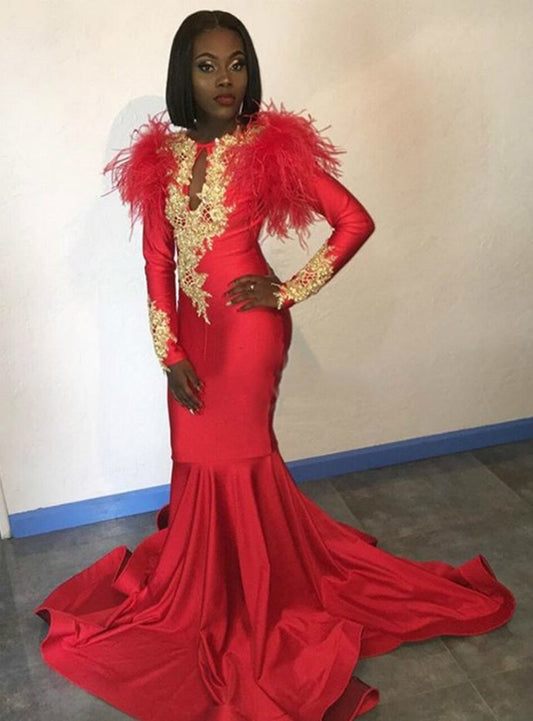 Red Mermaid Satin Long Sleeve Appliques Prom Dress    cg12855