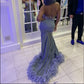 Gray Mermaid Halter Satin Backless Flower Feather Prom Dress   cg12858