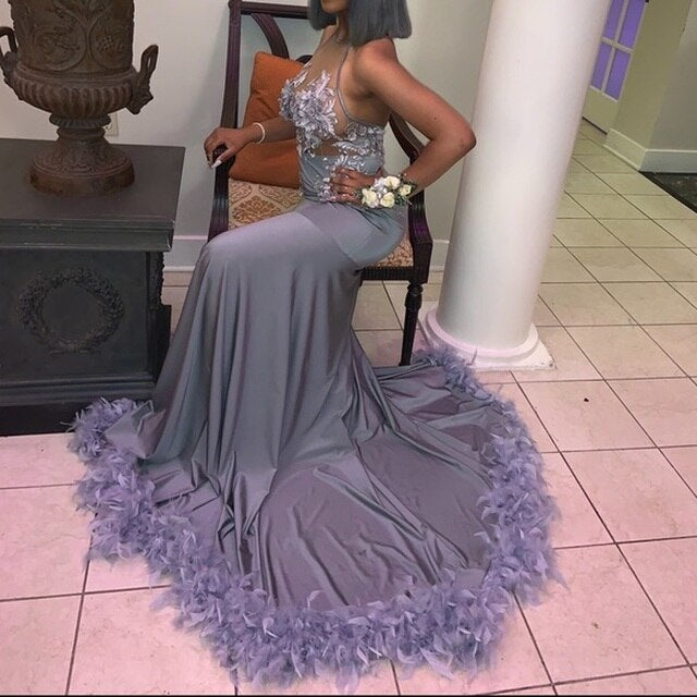 Gray Mermaid Halter Satin Backless Flower Feather Prom Dress   cg12858