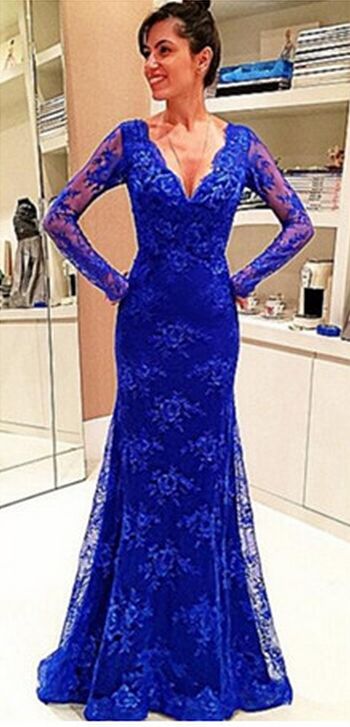 Evening Dress, Royal Blue Evening Dress, Lace Evening Dress, V-Neck Evening Gown Prom Dress    cg12867