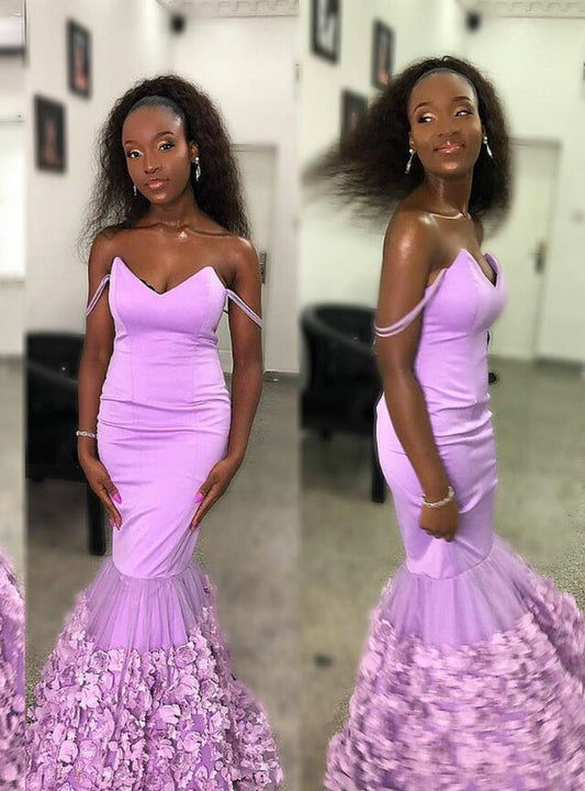 Purple Satin 3D Floral Mermaid Off the Shoulder Prom Dress   cg12889