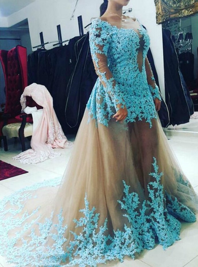Fashion Removable Skirt Long Sleeve Blue Lace Appliques Prom Dresses   cg12913