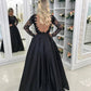 Sheer Back Black Satin Appliques Evening prom Dress With Long Sleeves,    cg12917