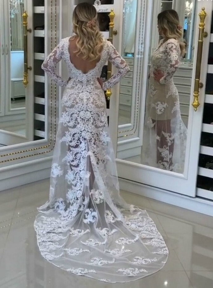 Lace Appliques Tulle Overlay Mermaid Long Sleeves Formal prom Gowns   cg12918