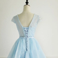 Light Blue Lace Cap Sleeves Cute Short Party Dress, Blue Homecoming Dress    cg12963