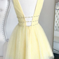 YELLOW V NECK TULLE SEQUIN SHORT Homecoming Dress    cg12966