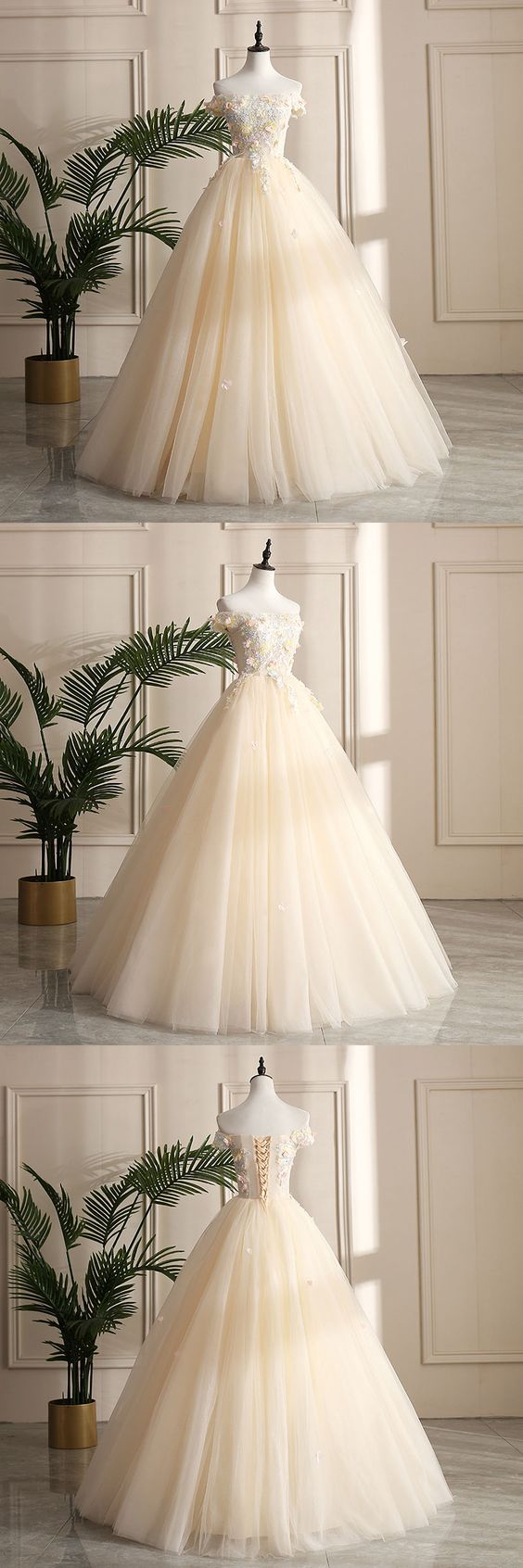 CHAMPAGNE TULLE LACE LONG PROM DRESS, FORMAL DRESS cg1297