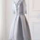 Grey Simple Knee Length Satin Short Sleeves Party Dress, Wedding Party Dress Homecoming Dress   cg13076