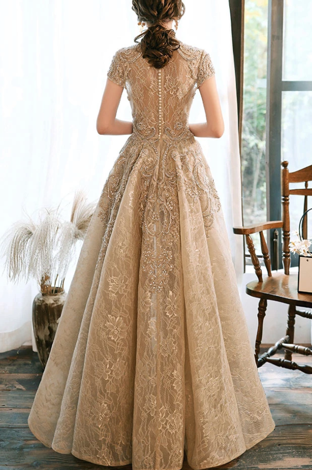 LIGHT CHAMPAGNE LACE SATIN PROM DRESS CHAMPAGNE EVENING DRESS   cg13087