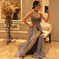 Unique Split Slit Halter Long Prom Dress, Sleeveless Beaded Evening Dress   cg13123