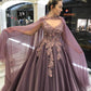 Long Prom Dress,Gorgeous Cape Ball Gown Wedding Dress Lace Appliques Beaded Women Bridal Gowns   cg13124