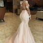 Pink Mermaid Tulle Illusion Long Sleeve Appliques Prom Dress   cg13143