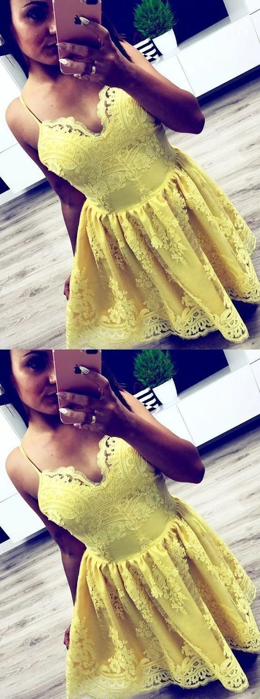 Spaghetti Straps Yellow Lace Short Homecoming Dress    cg13278