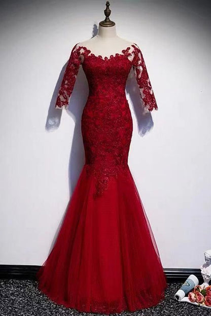 Round Neck Short Sleeves Mermaid Burgundy Lace Long Prom Dress   cg13284