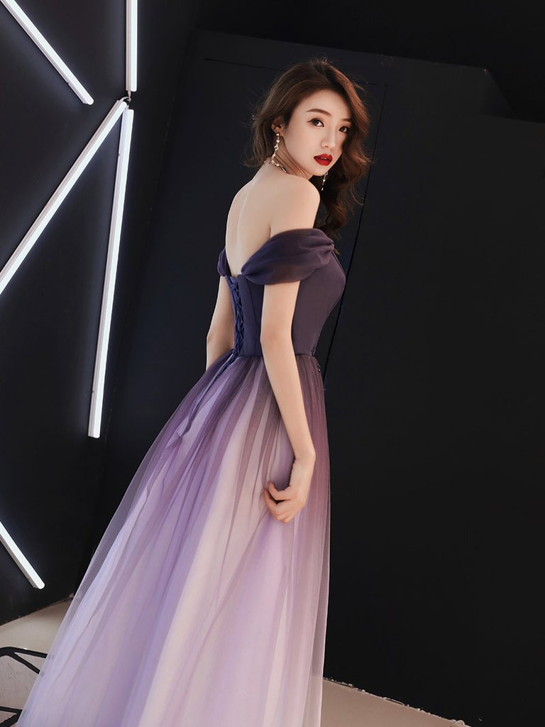 Beautiful Light Purple Gradient Tulle Long Formal Dress, Off Shoulder Prom Dress   cg13341